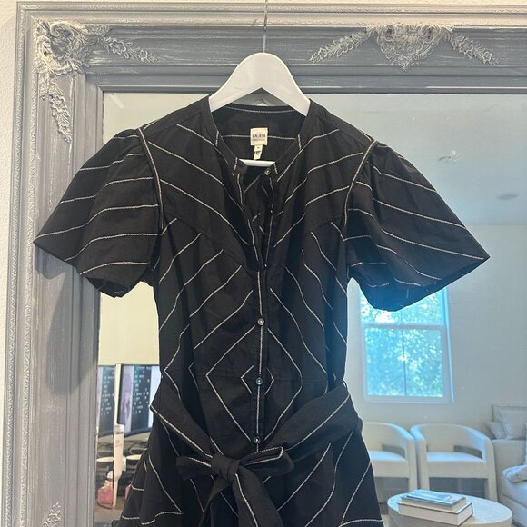 La Vie Rebecca Taylor Chevron Pinstripe Belted Shirt Dress Short Sleeve XS - Picture 2 of 8